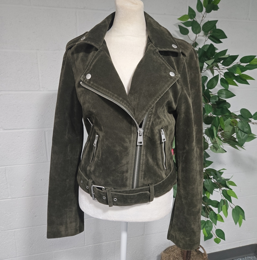 Levis Olive Green Faux Suede Leather Studded Belted Cropped Moto Jacket XS Glam